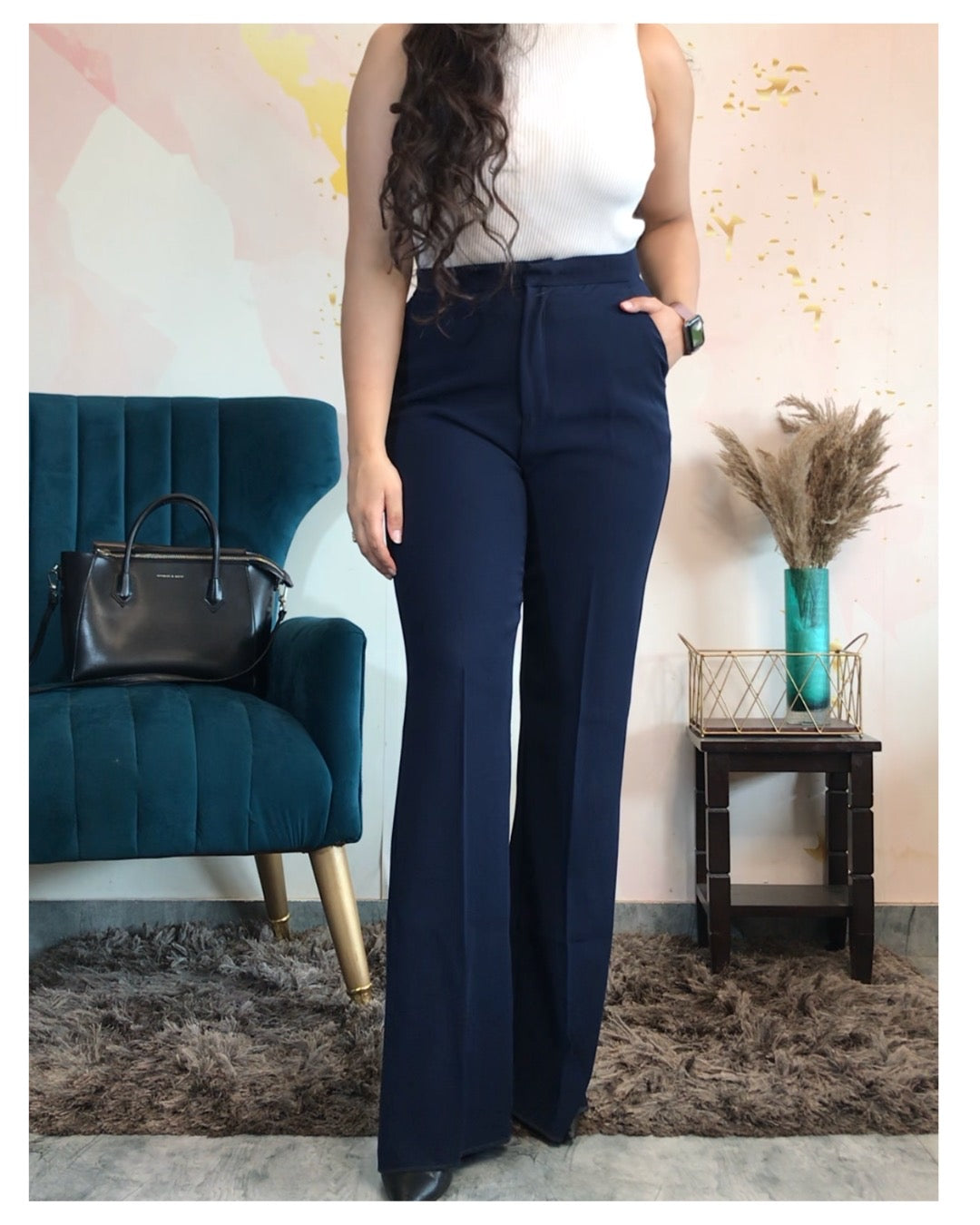 Formal High Waist Soft Flared Trousers- Midnight Blue