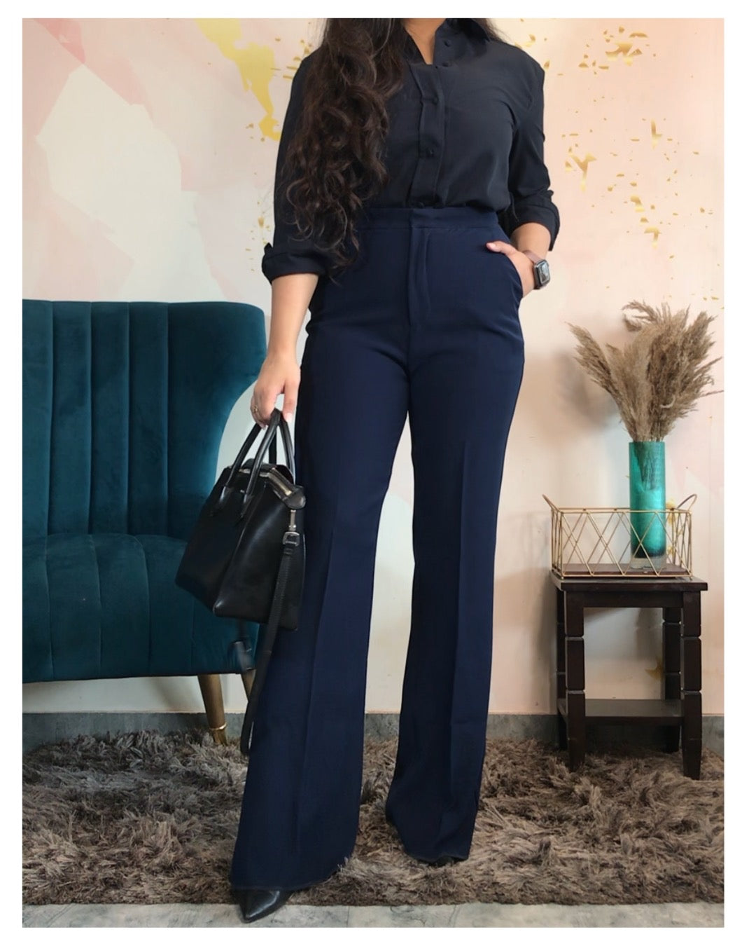 Formal High Waist Soft Flared Trousers- Midnight Blue