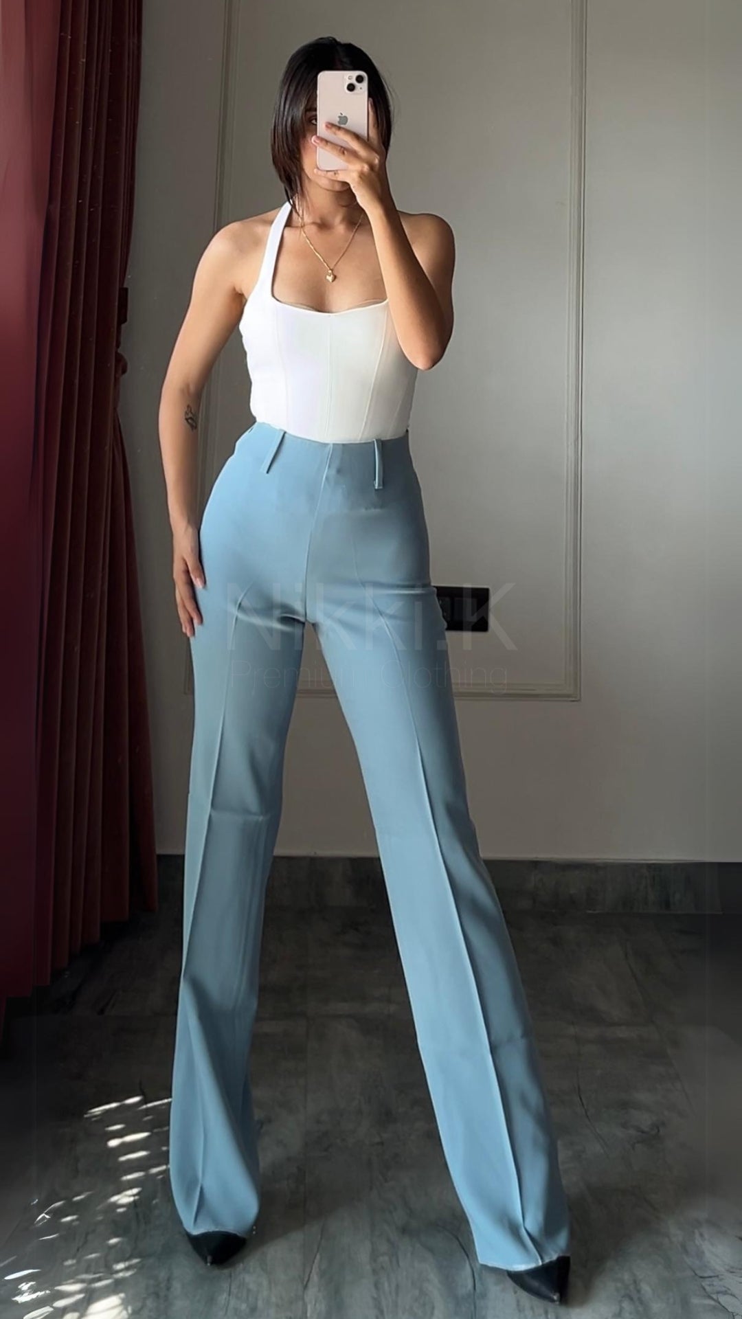 Side Zip Soft Flare Trousers- Pistacchio Green - Main Image