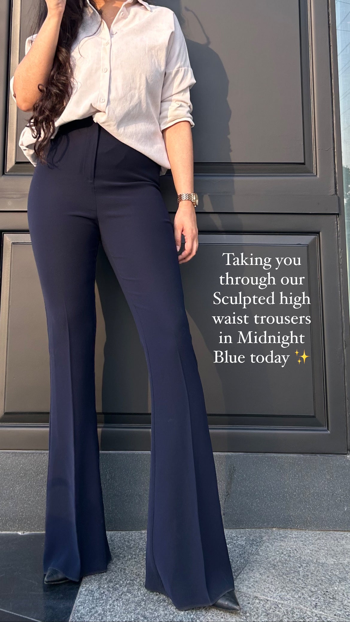 Sculpted High Waist Flared Trousers- Midnight Blue; 1st April