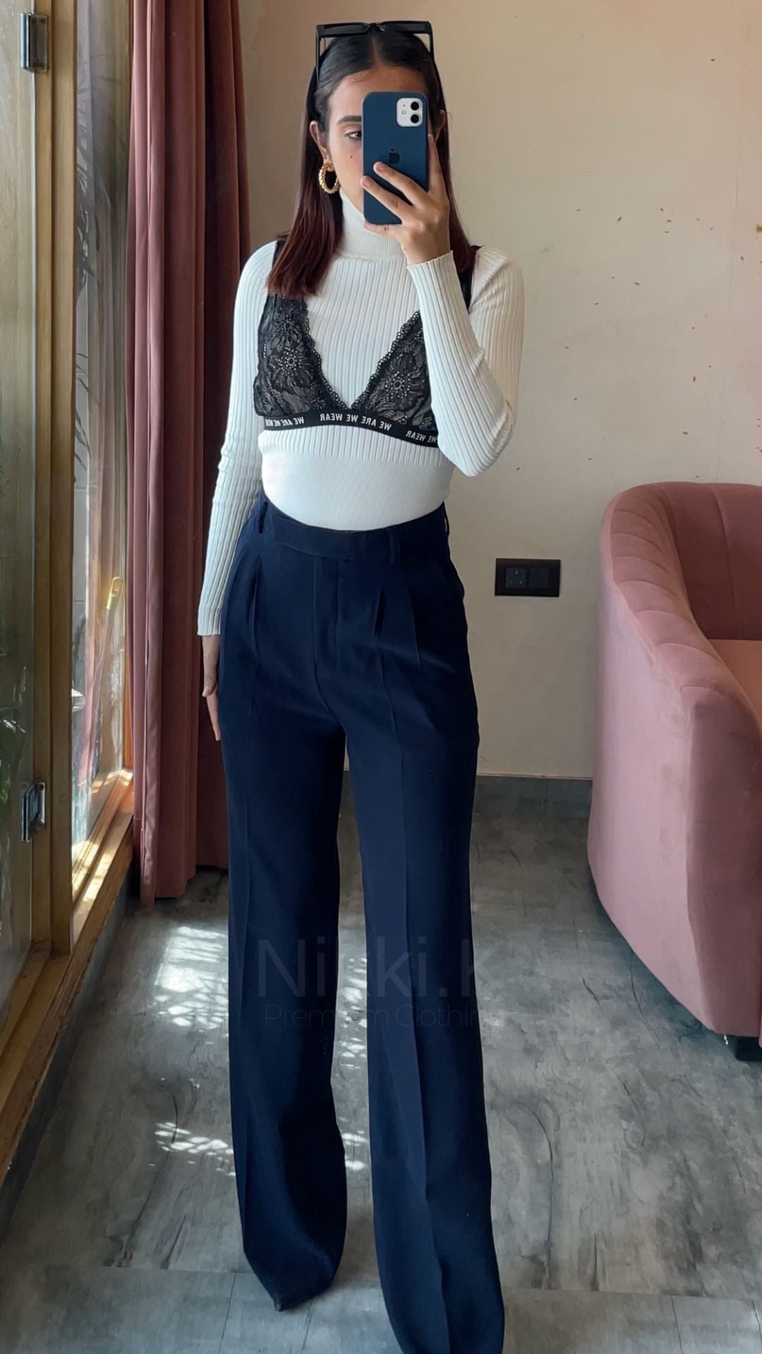 Pleated High Waist Trousers- Midnight Blue