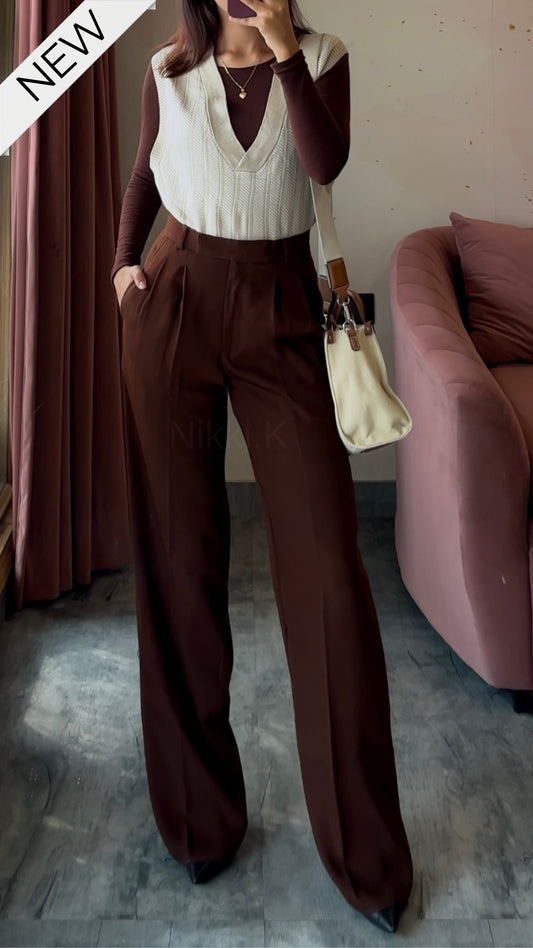 Pleated High Waist Trousers - Chocolate Brown {30 days wait period}