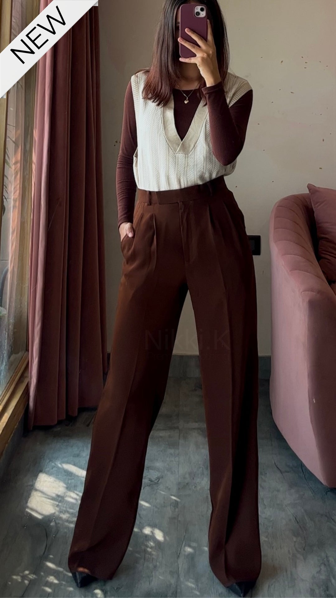Pleated High Waist Trousers - Chocolate Brown