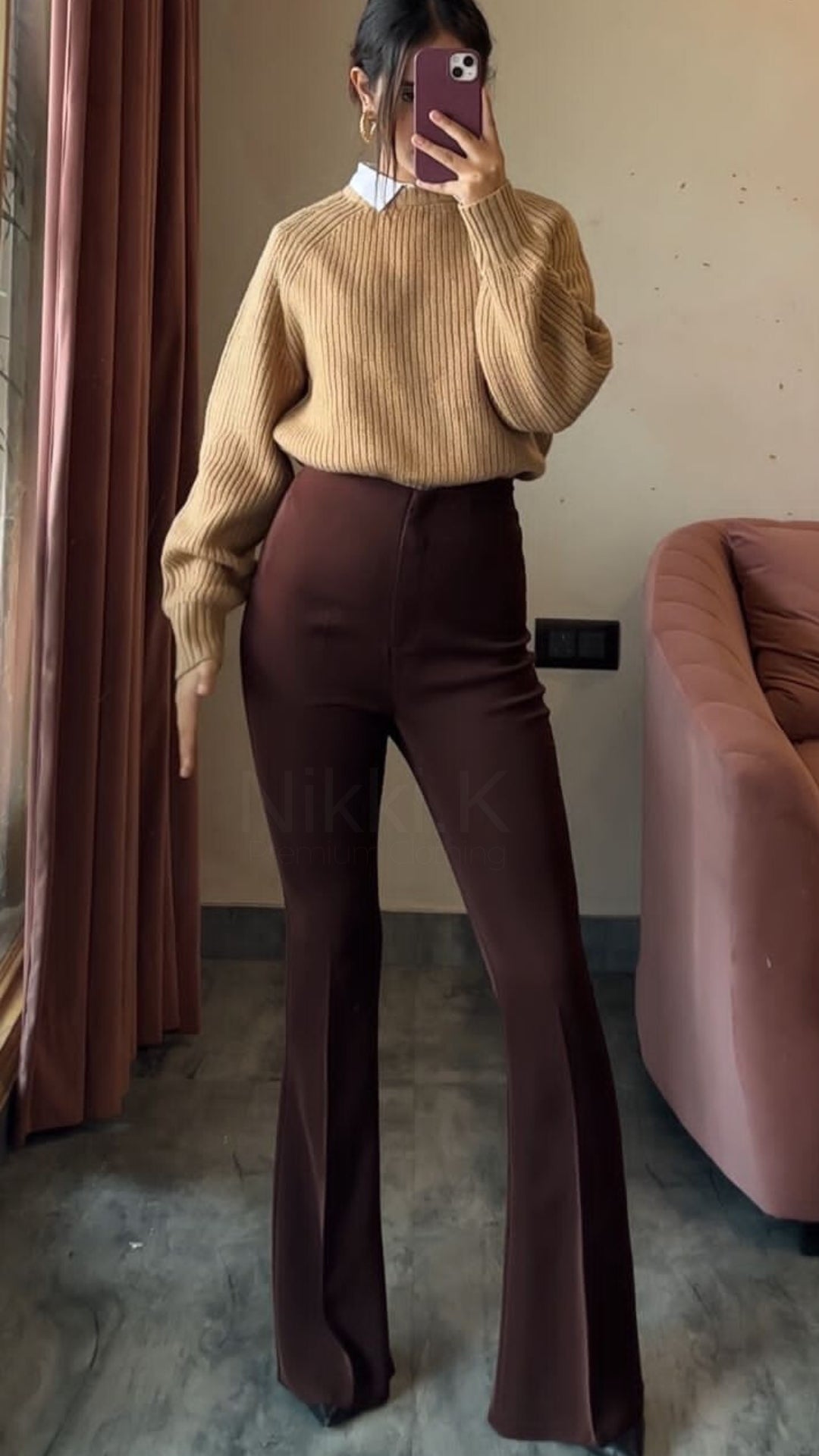 Sculpted High Waist Flared Trousers - Chocolate Brown