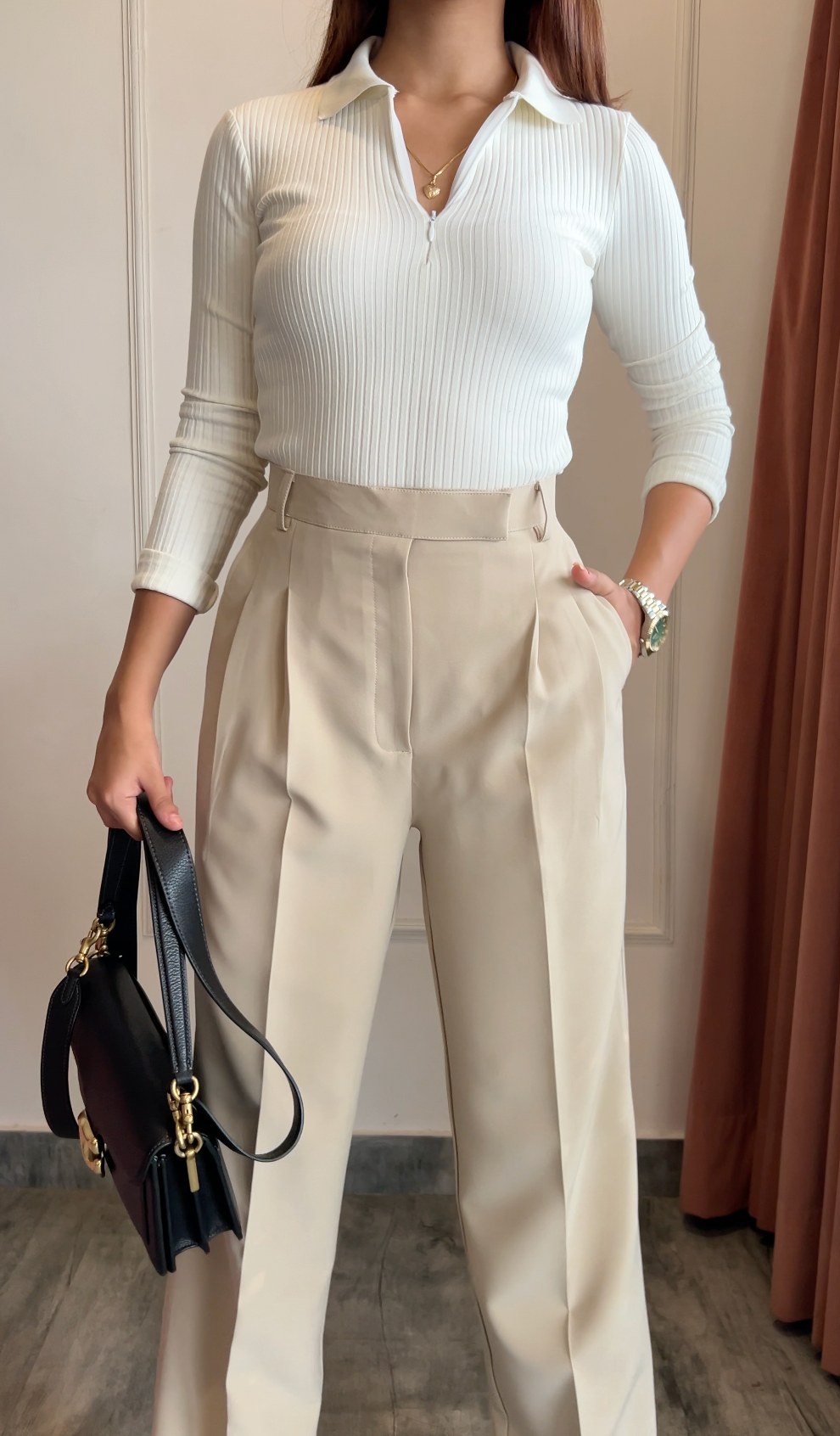 Pleated High Waist Trousers- Egg White - NEW!