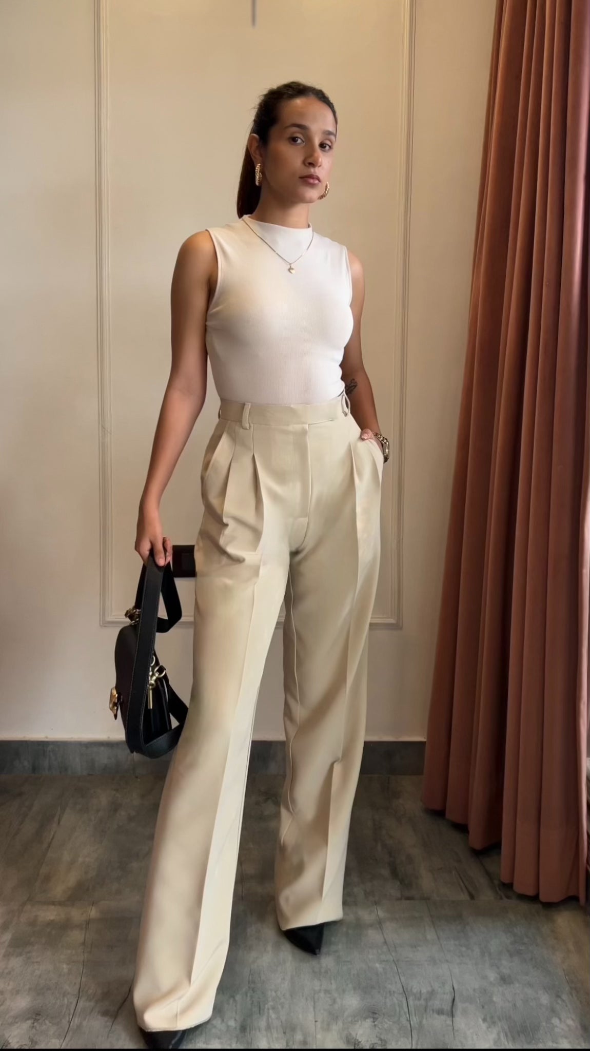 Pleated High Waist Trousers- Egg White - NEW!