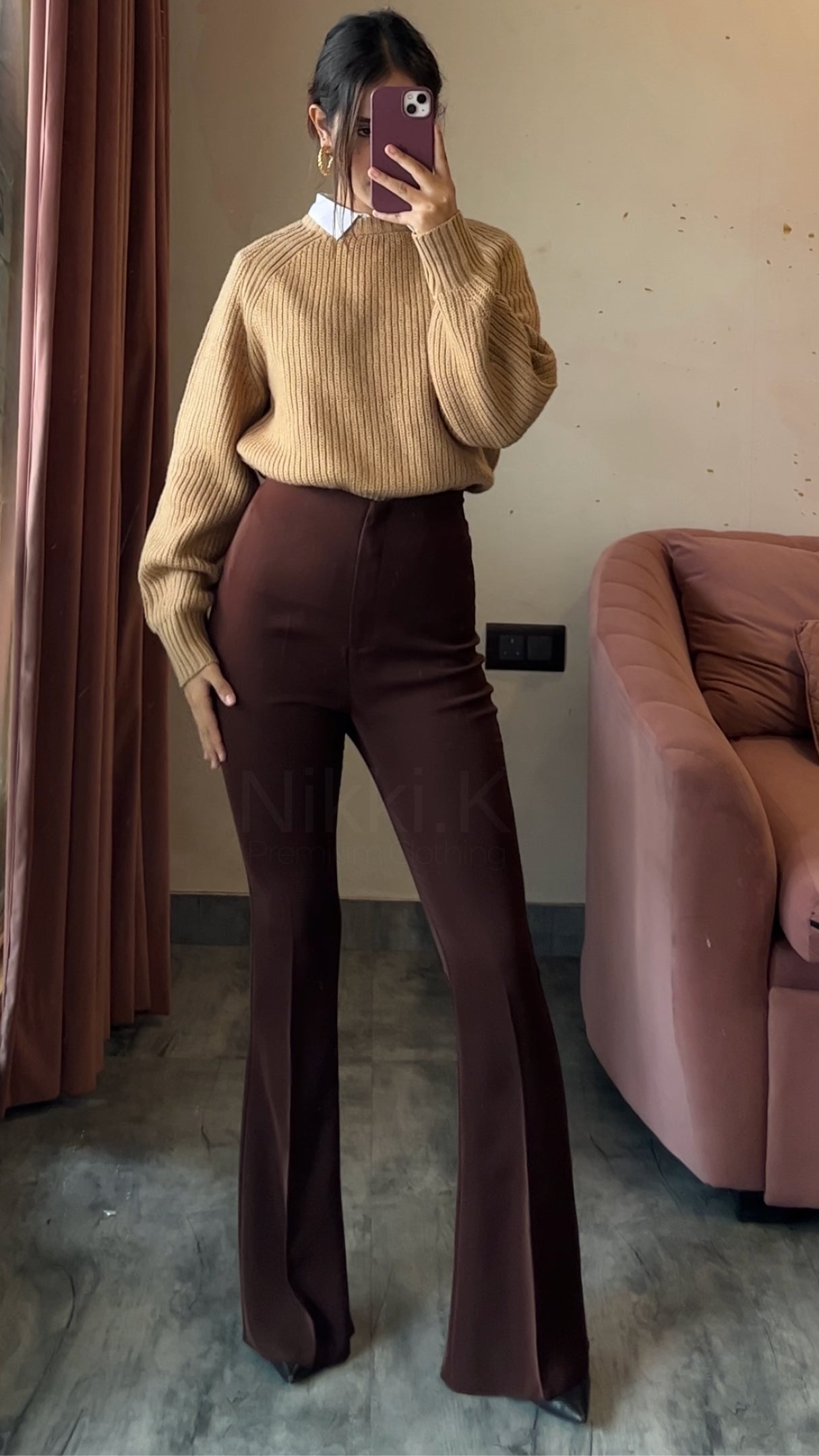 Sculpted High Waist Flared Trousers - Chocolate Brown