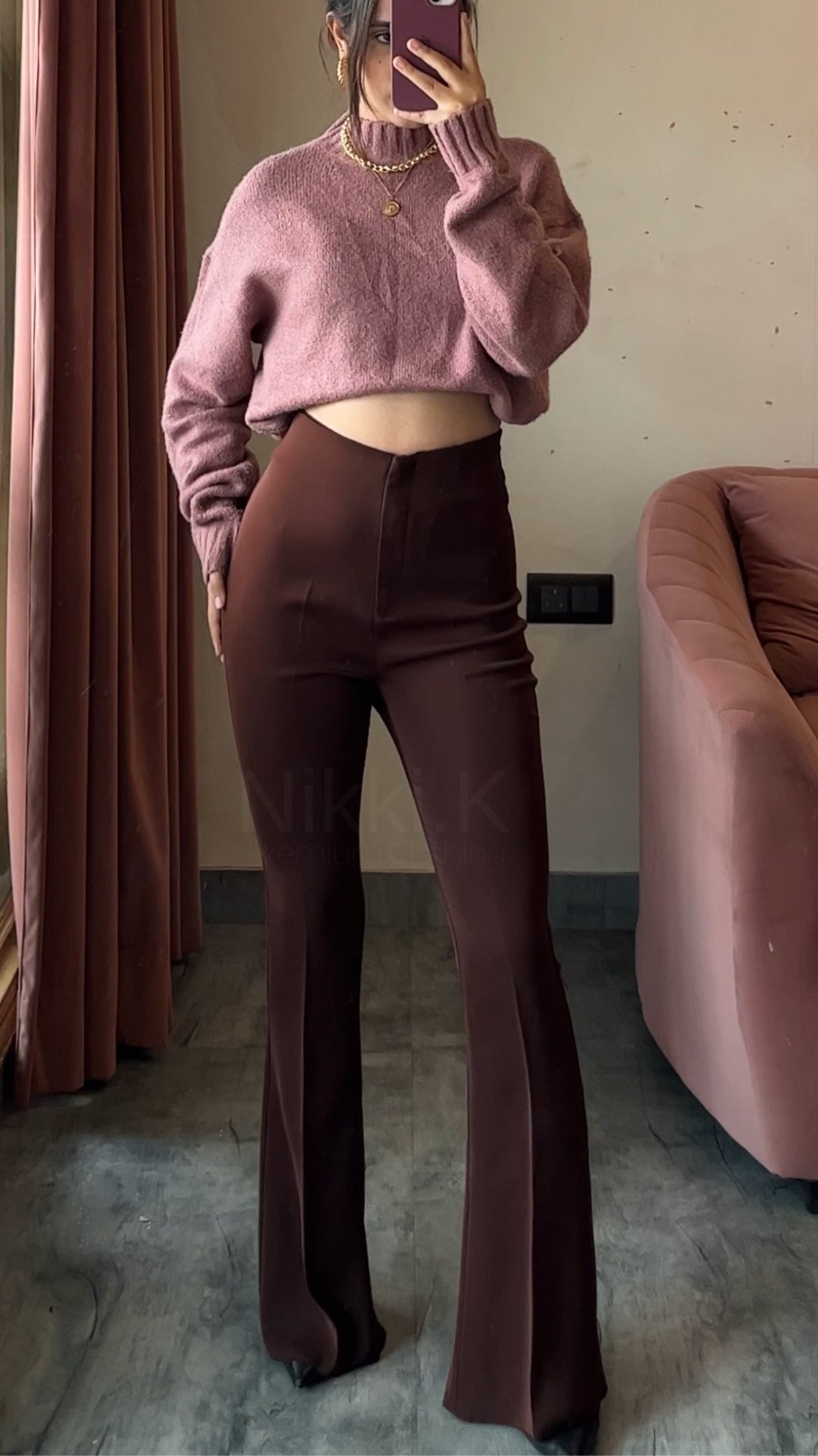 Sculpted High Waist Flared Trousers - Chocolate Brown