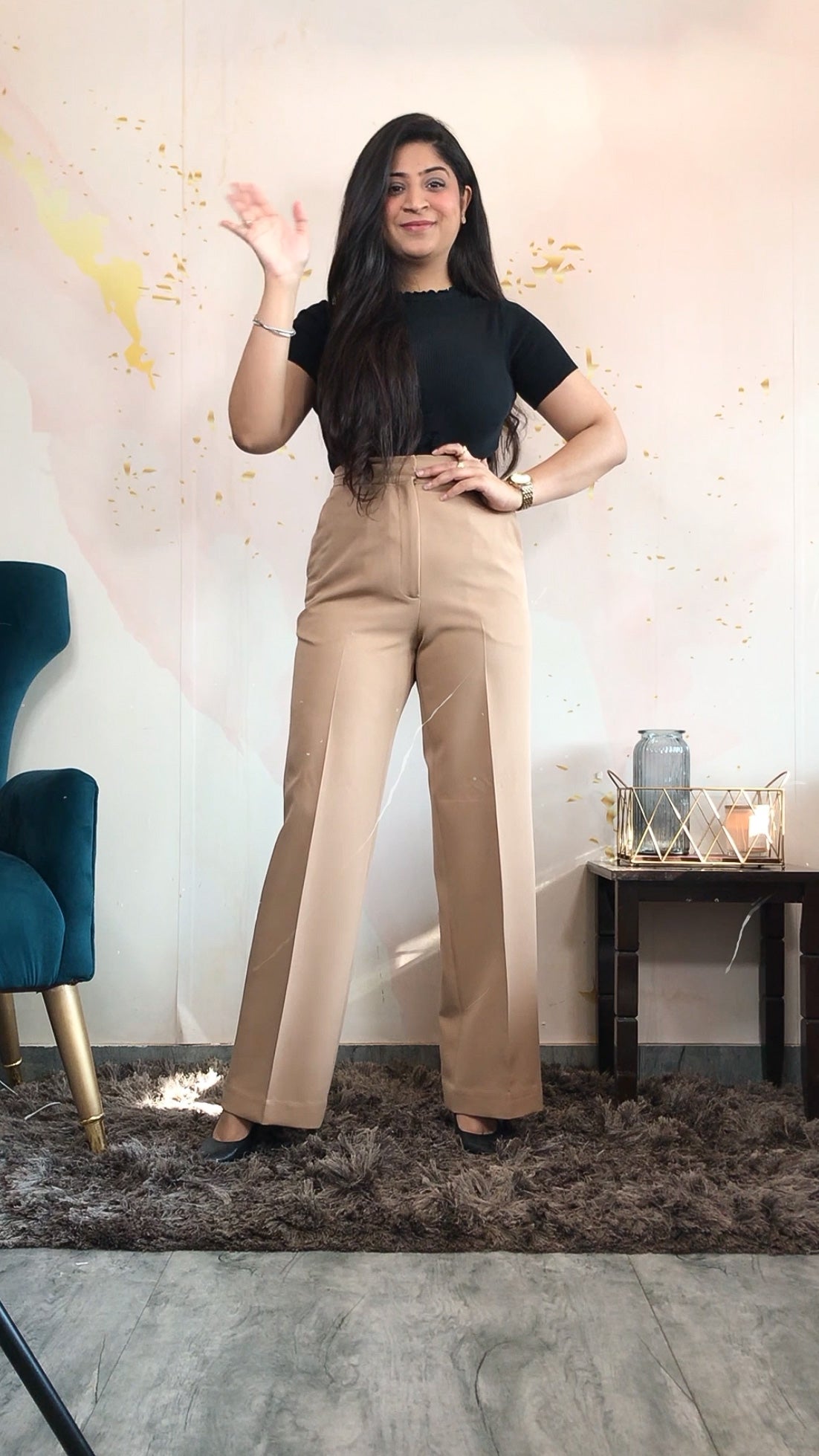 Wide Leg Trousers (With pockets)- Beige –