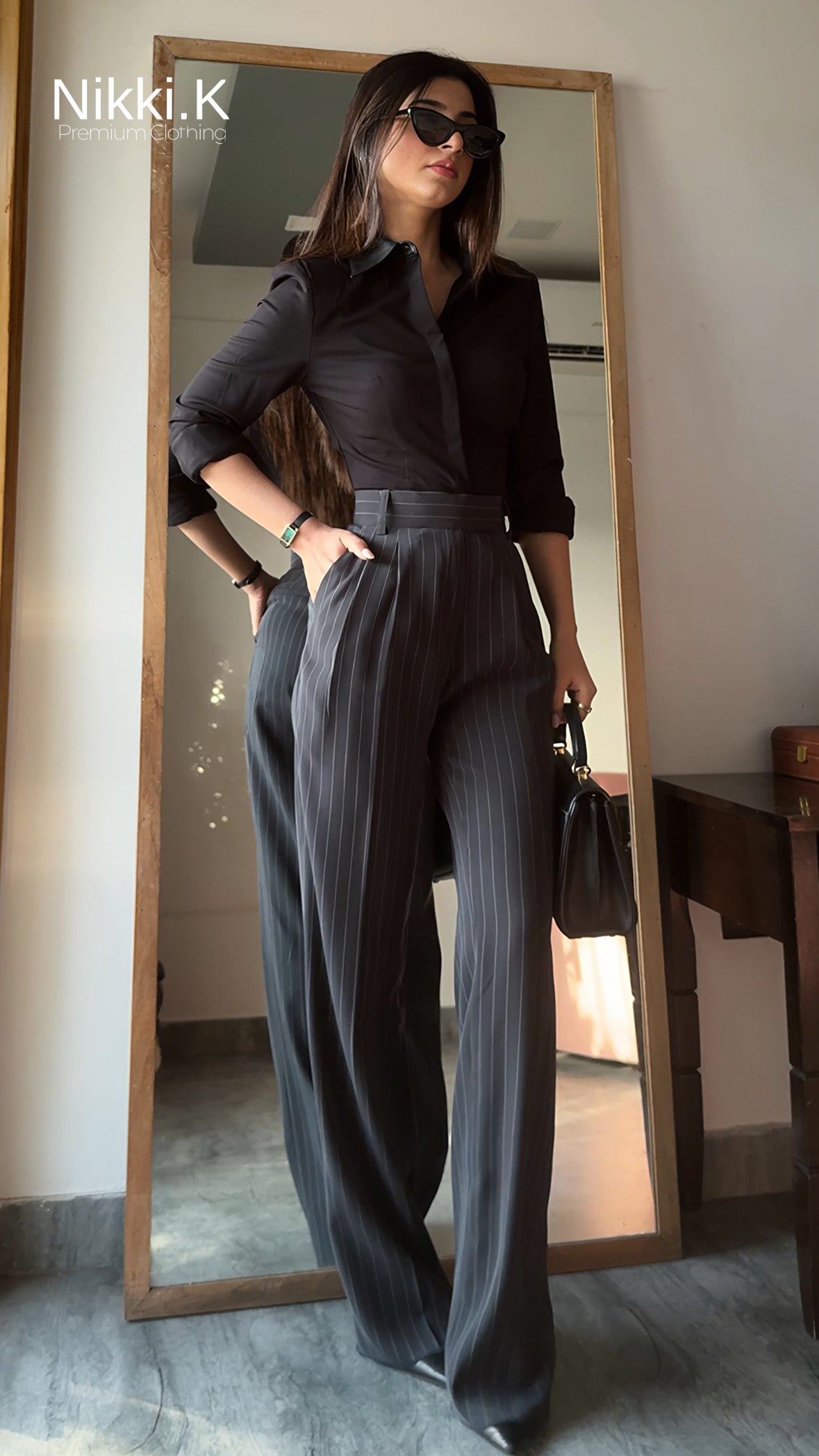 Dark Grey Stripes Pleated Trousers; PREORDER