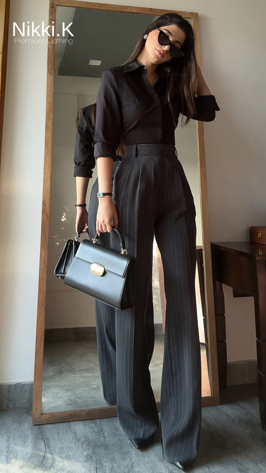 Dark Grey Stripes Pleated Trousers; PREORDER