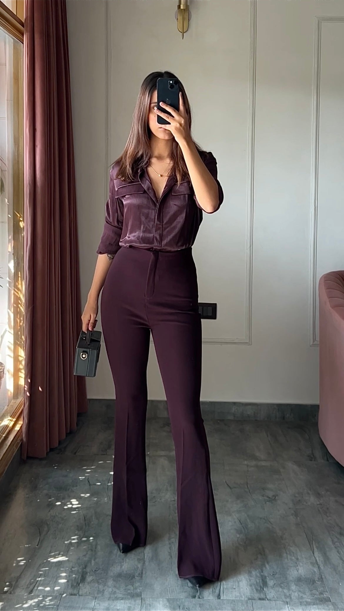 Sculpted High Waist Flared Trousers- French Wine