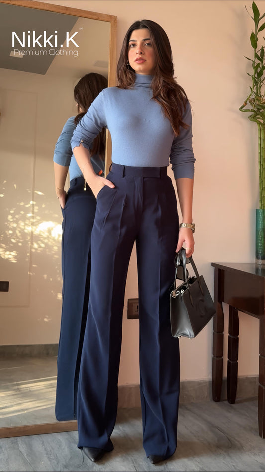 Pleated High Waist Trousers- Midnight Blue