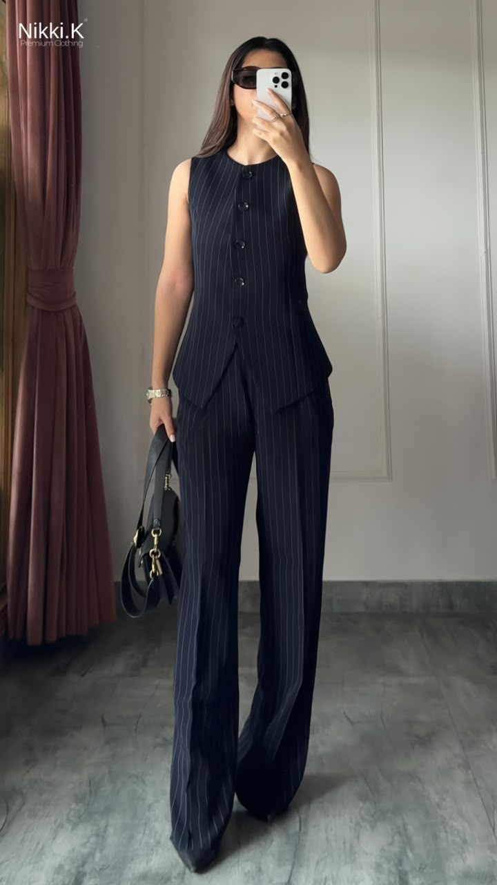 Dark Blue Stripes PowerTrouser Set- Powerline Top + Pleated Trousers
