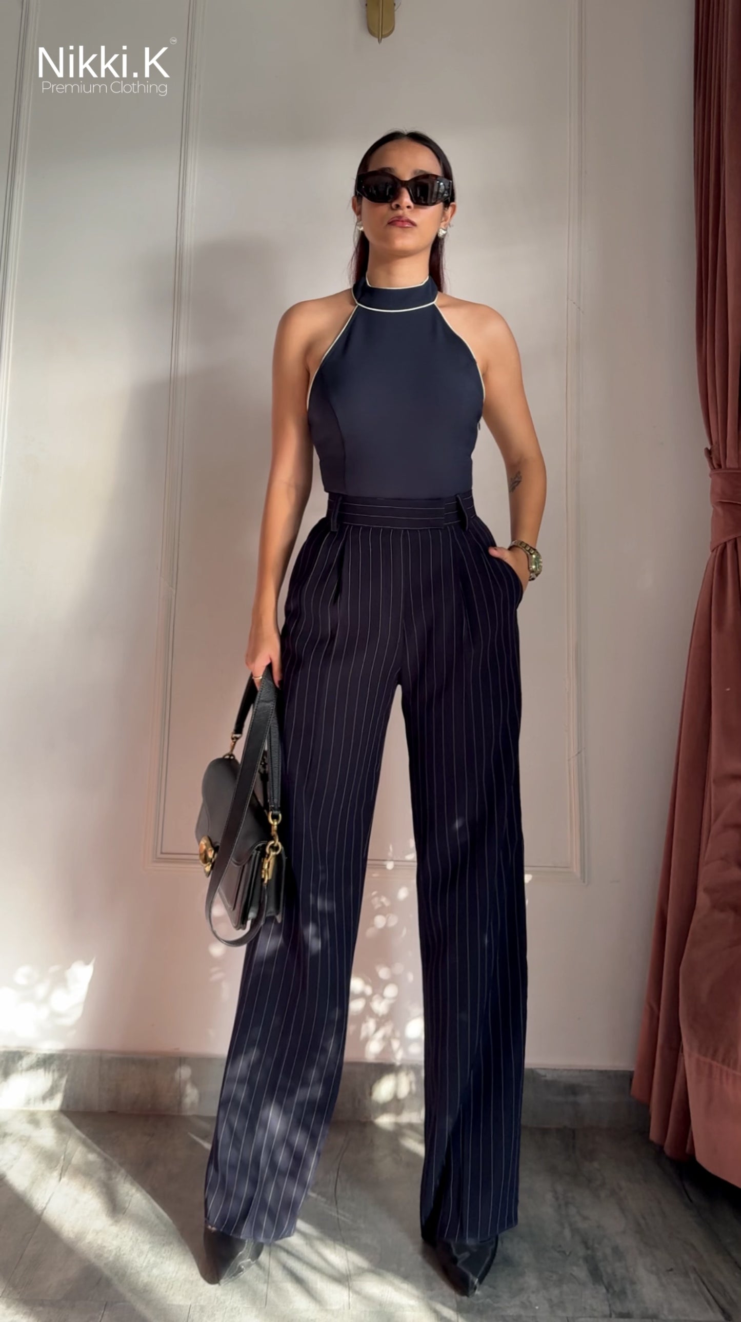 Dark Blue Stripes Pleated Trousers