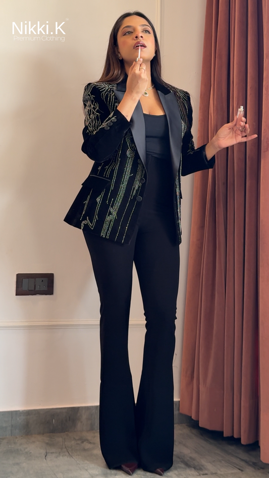Beaded Embroidered Blazer Set of 2- With Sculpted Trousers