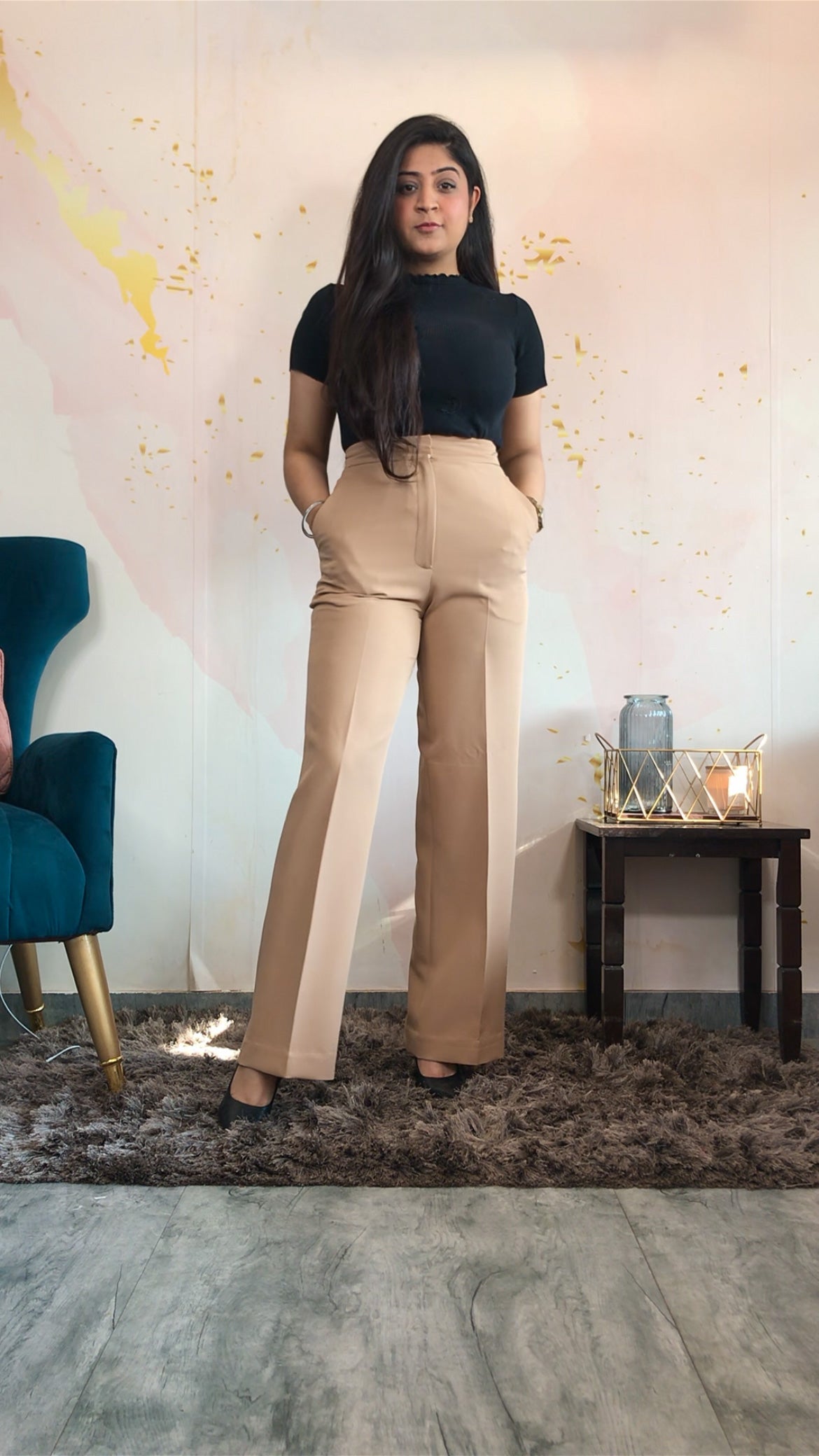 Wide Leg Trousers (With pockets)- Beige